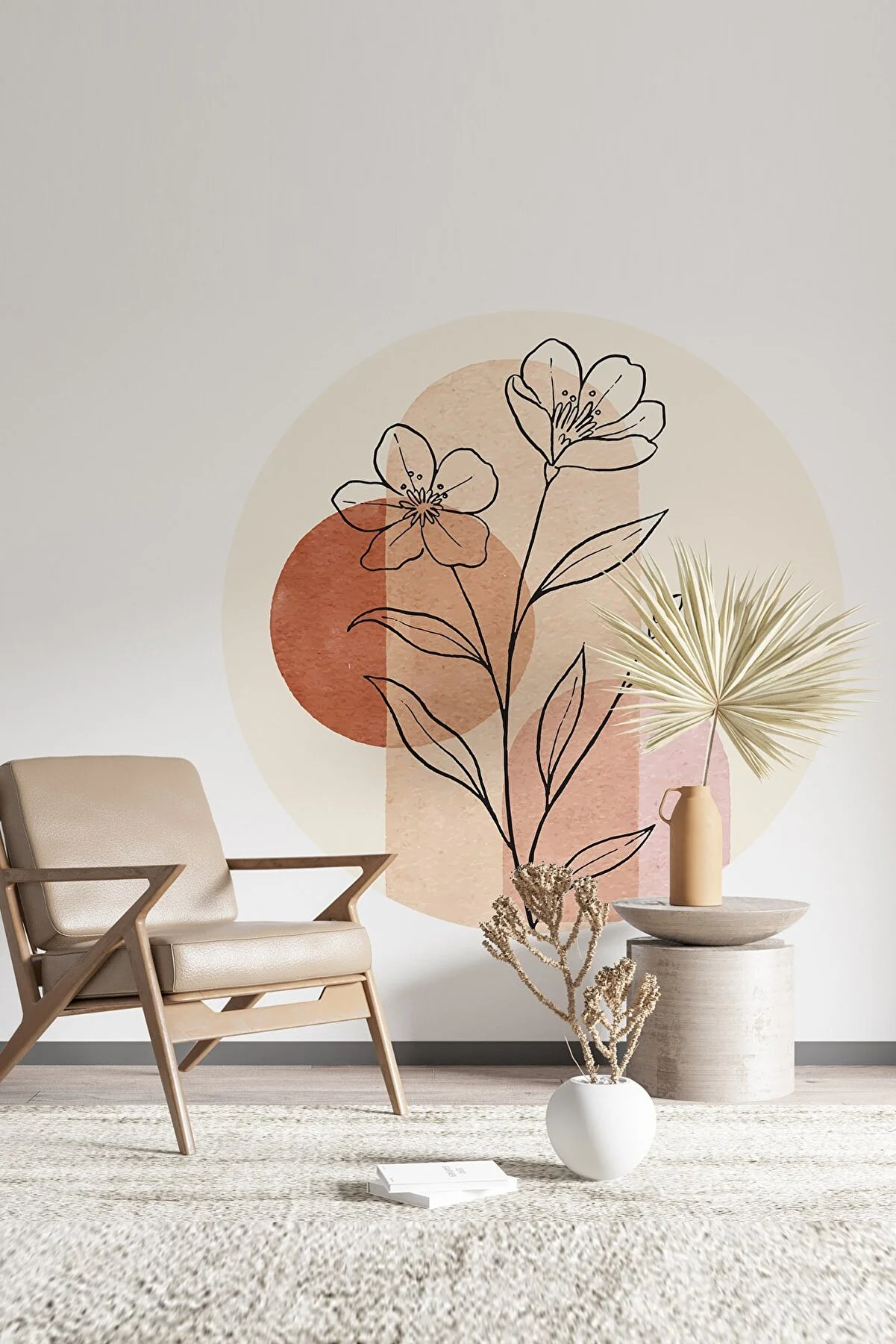 Yuvarlak Boho Çizgisel Çiçekli Dekoratif Duvar Sticker